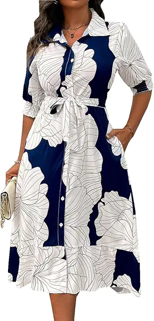 Women's Floral Print Midi Dress - Navy Blue